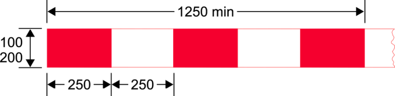 A red and white rectangular object, with size dimensions