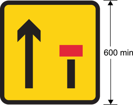A yellow sign with black arrow and a red square