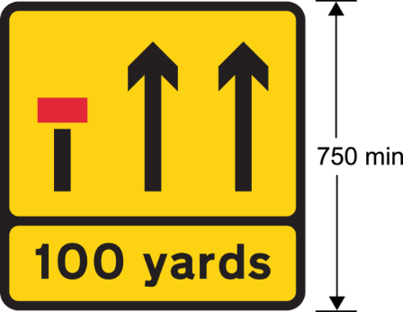 A yellow sign with black arrows and red square, and the words "100 yards"