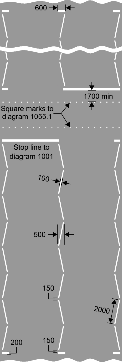 Grey background with zig-zag white road markings and measurements 