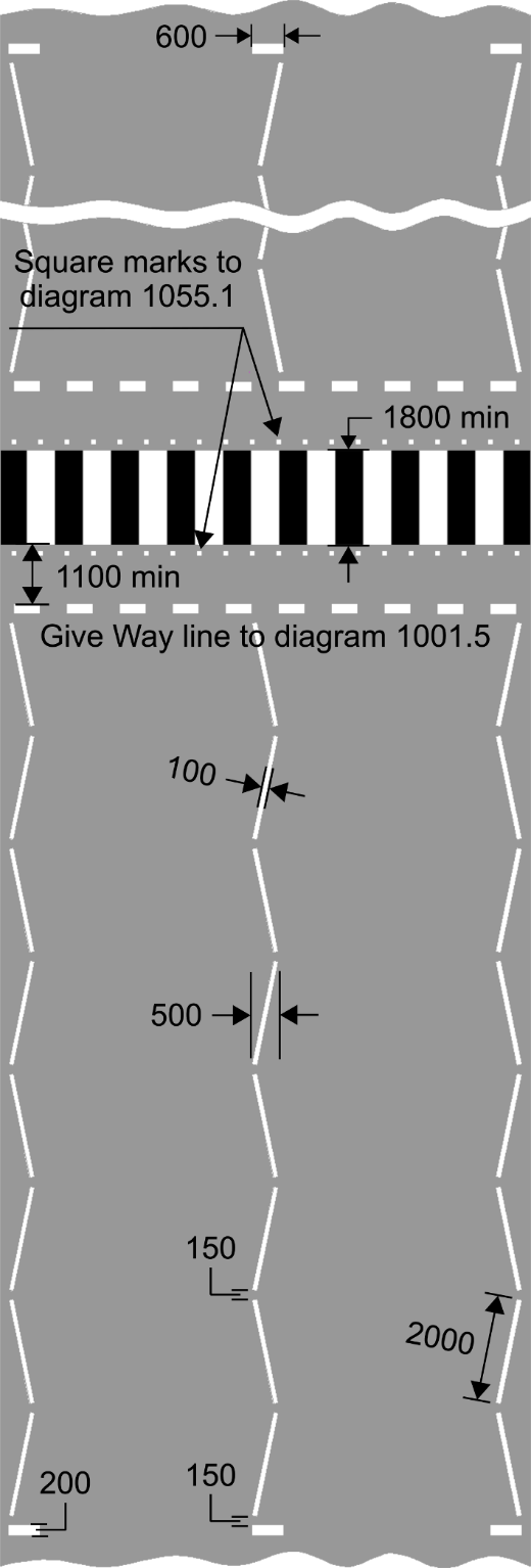 Grey background with white zig-zag lines, black and white zebra crossing and measurements