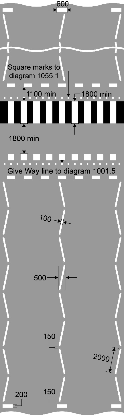 Grey background with white zig-zag lines, black and white zebra crossing and measurements