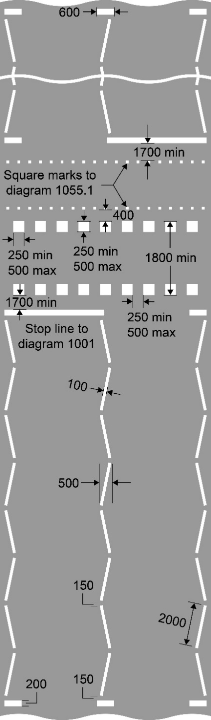 Grey background with white zig-zag lines, white squares and measurements