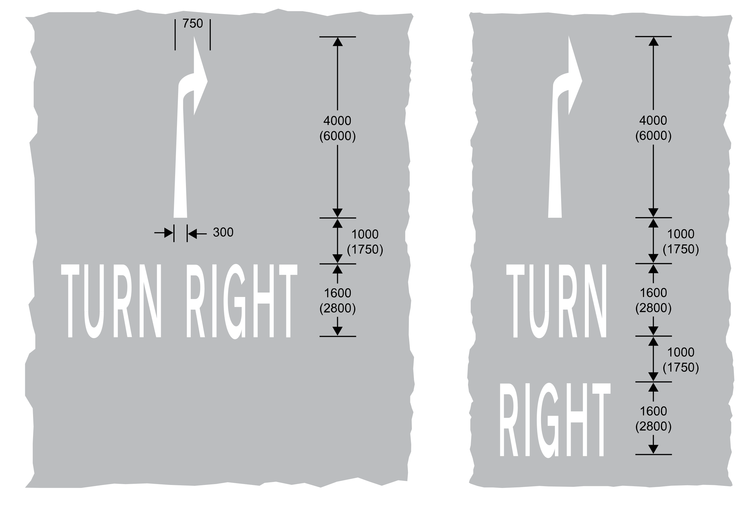 2 images with a grey background, white right turning arrows and text showing turn right