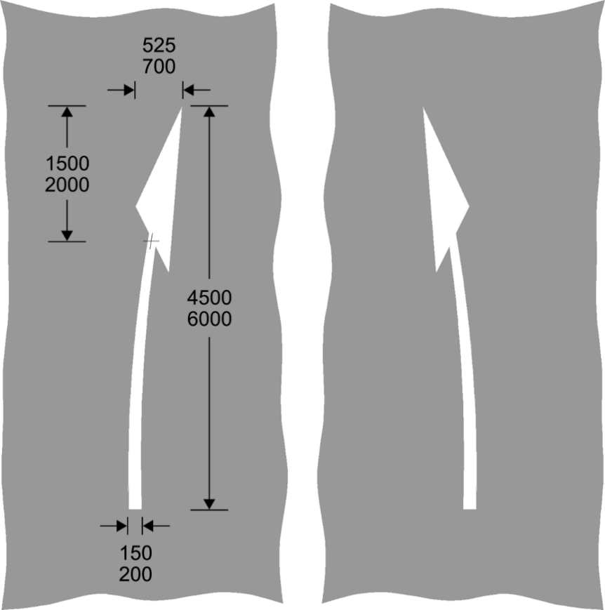 Grey background with white arrows, one curving to the right and one to the left, plus dimensions