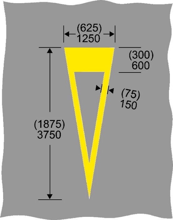 Grey background with yellow triangle and dimensions