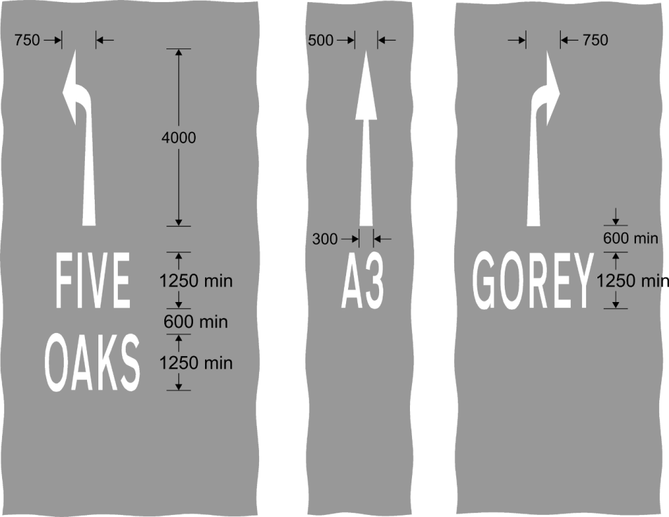 3 images with grey backgrounds, showing white left turn arrow, straight ahead arrow and right turn arrow, all with text showing the destinations