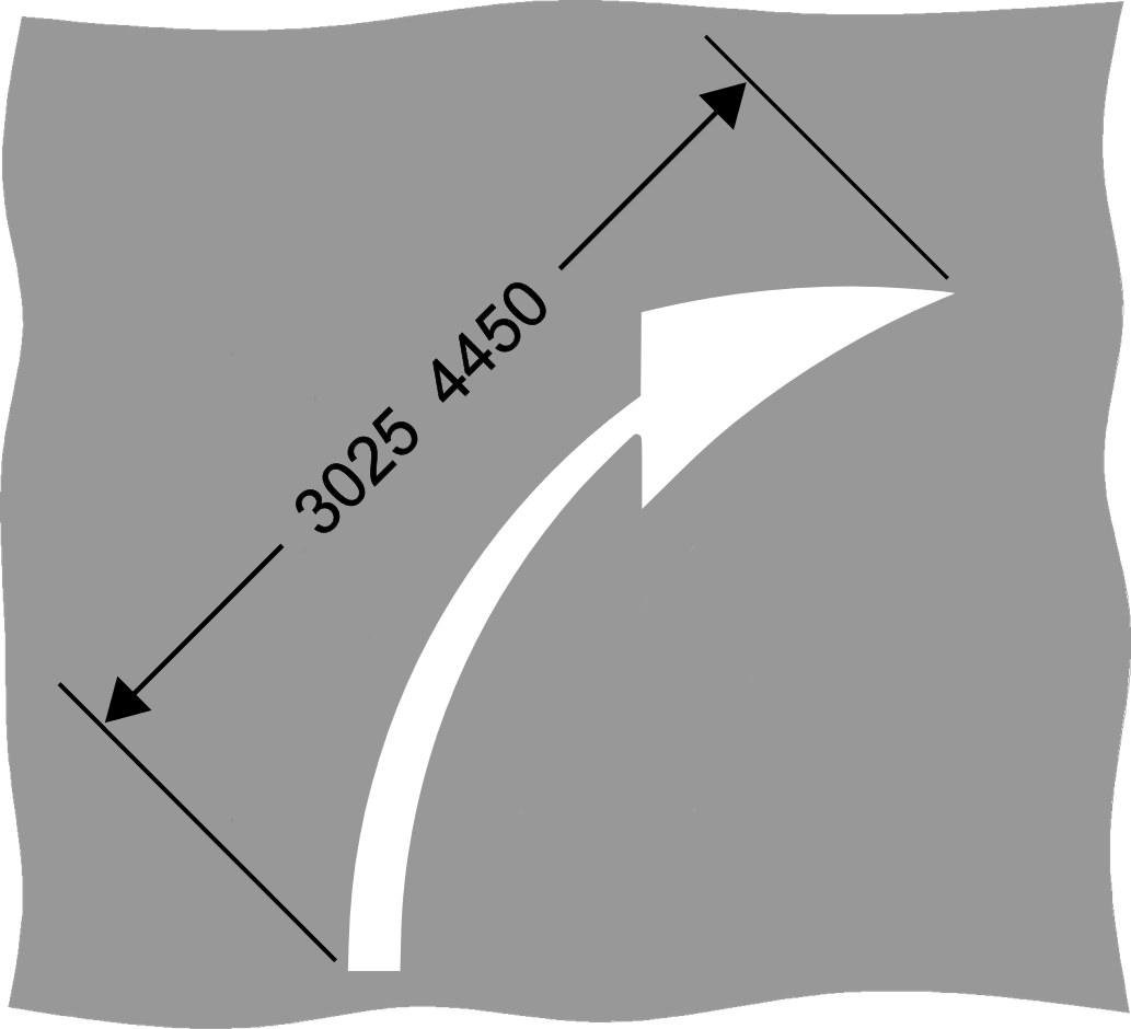 Grey background with right curved white arrow and dimensions