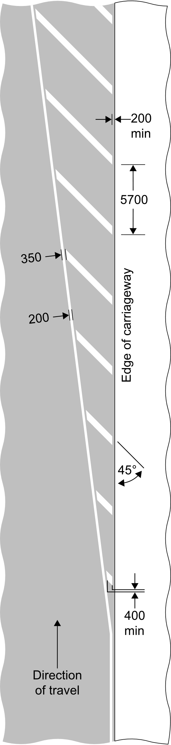 Grey background with white striped lines on the right and dimensions