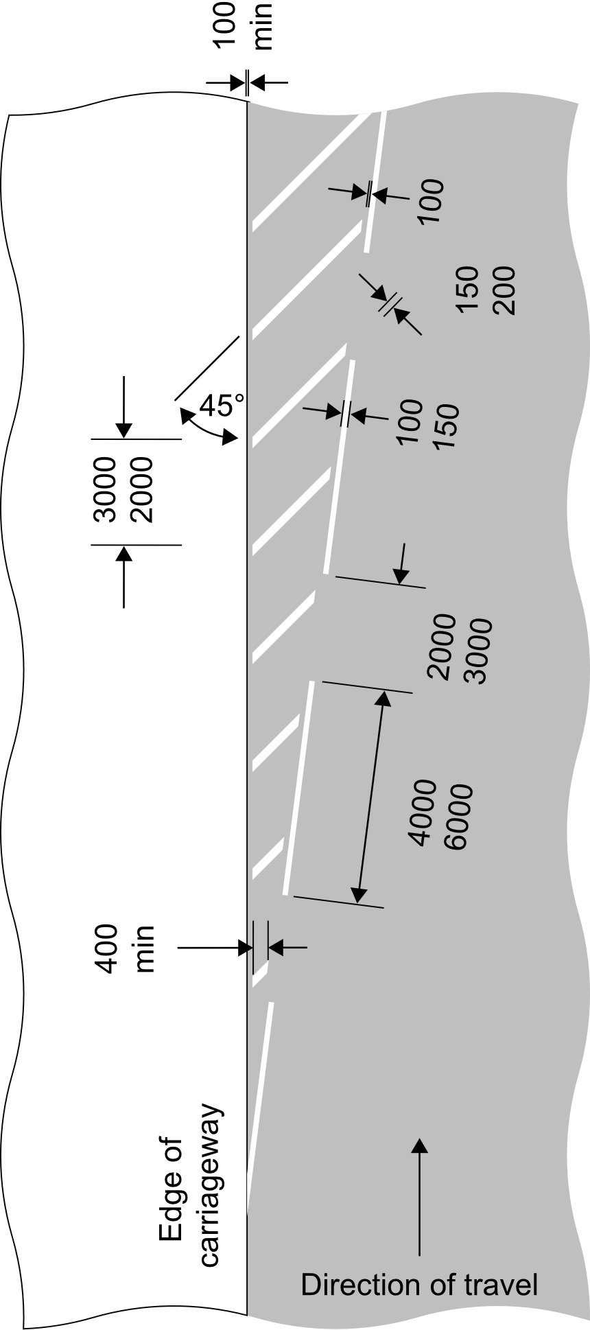 Grey background with white striped lines on the left and dimensions