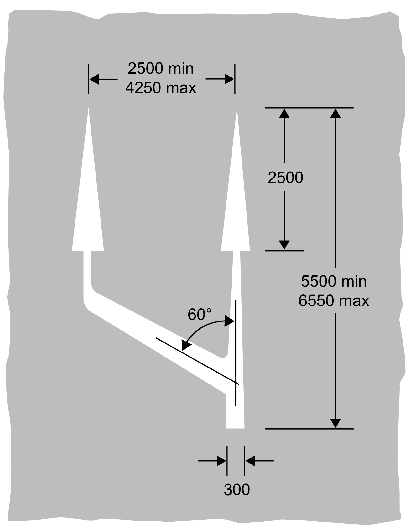 Grey background with 2 joined arrows pointing up and dimensions