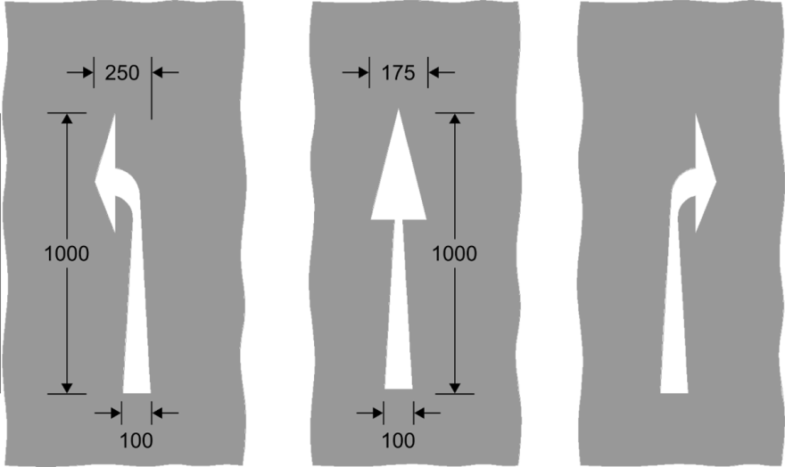 3 images, with grey backgrounds of white arrows, turning left, straight ahead, turning right and dimensions