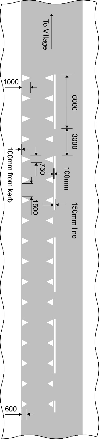 Grey background with 2 lines of  small white triangles and dimensions