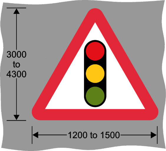 Red and white triangle road sign with image of traffic lights and measurements
