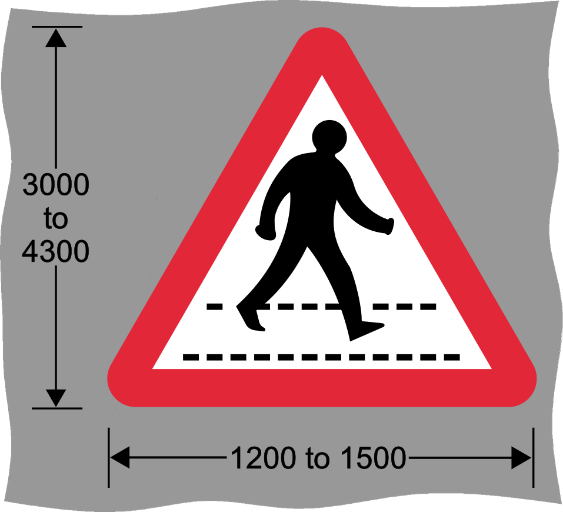 Red and white triangle road sign with image of person walking and measurements