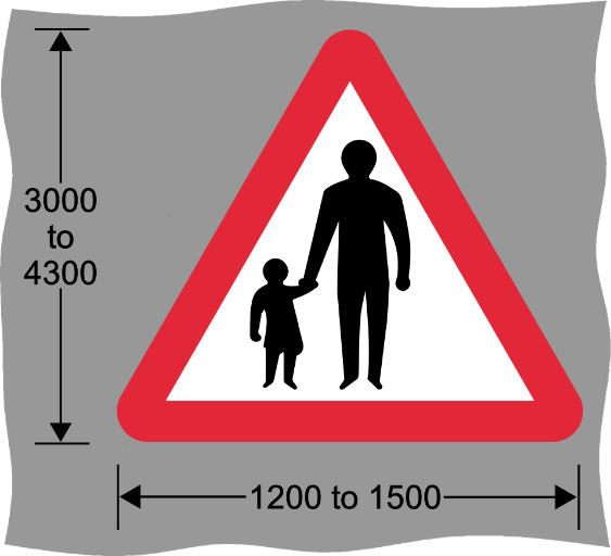 Red and white triangle road sign with image of adult and child and measurements