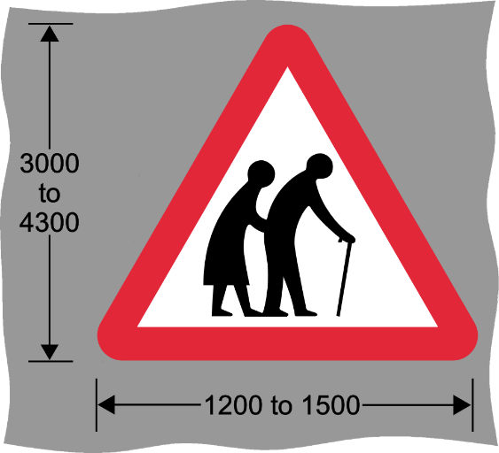 Red and white triangle road sign with image 2 frail adults crossing and measurements