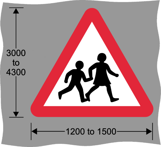 Red and white triangle road sign with image of 2 children walking and measurements