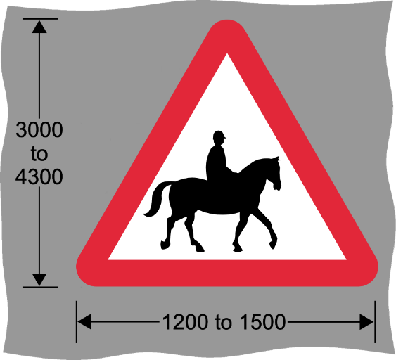 Red and white triangle road sign with image of rider on horse and measurements