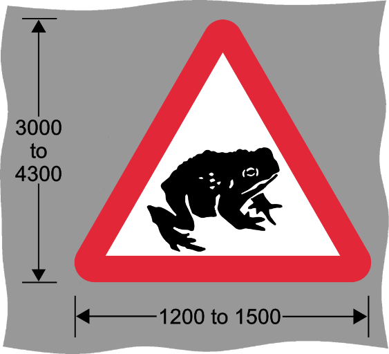 Red and white triangle road sign with image of a toad and measurements