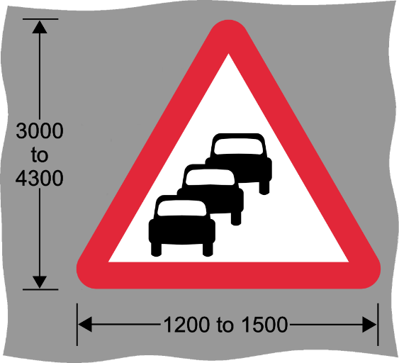 Red and white triangle road sign with symbols of 3 cars and measurements