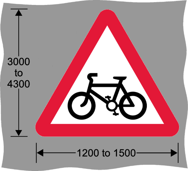 Red and white triangle road sign with image of bicycle and measurements