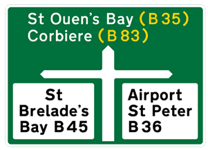 Green road sign with white, black and orange text showing destinations and directions