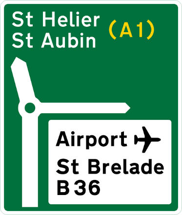 Green road sign with white, black and orange text showing destinations and directions