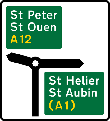 White and green road sign with white, and orange text showing destinations and directions