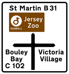 White and brown road sign with white, and black  text showing destinations and directions
