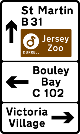 White and brown road sign with white, and black  text showing destinations and directions