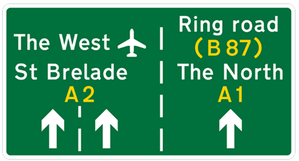 Green road sign with white and orange  text showing destinations and directions