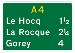 Green road sign with white and orange  text showing destinations and distance