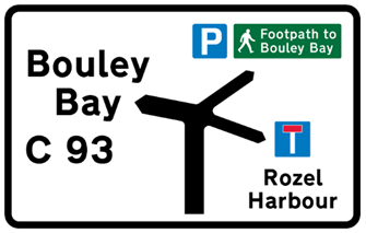 White road sign with black text showing destinations and directions, blue parking symbol, green footpath notice and no through road symbol 