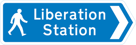Blue road sign with image of person walking and white text showing destination and direction