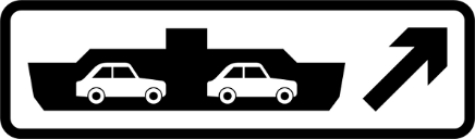 Black and white road sign with image of car ferry and direction