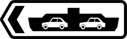 Black and white road sign with image of car ferry and direction
