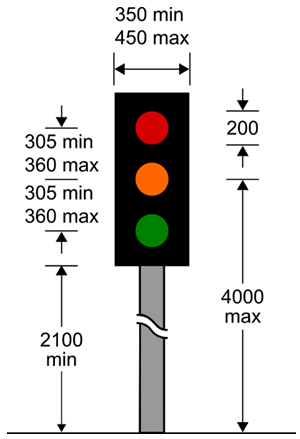 A diagram of a traffic light with dimensions