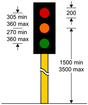 A diagram of a traffic light with dimensions