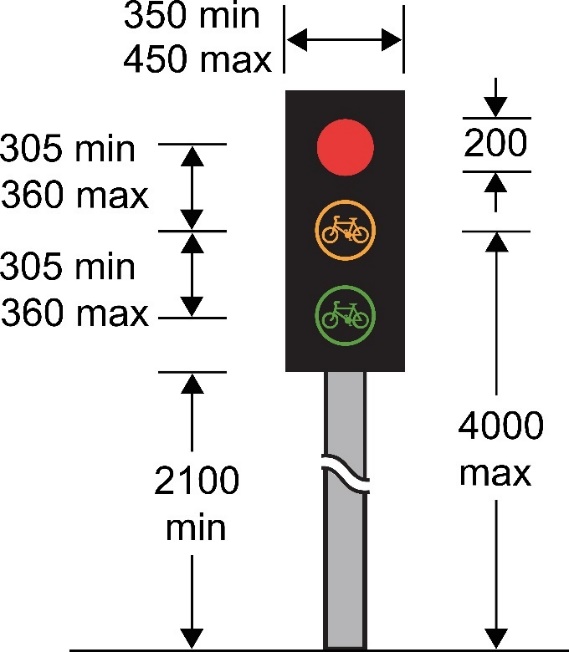 A diagram of a traffic light with bicycle symbols and dimensions