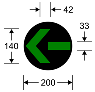 A green arrow in a black circle with dimensions