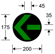 A green arrow in a black circle with dimensions