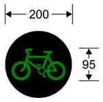 A green bicycle symbol  in a black circle with dimensions