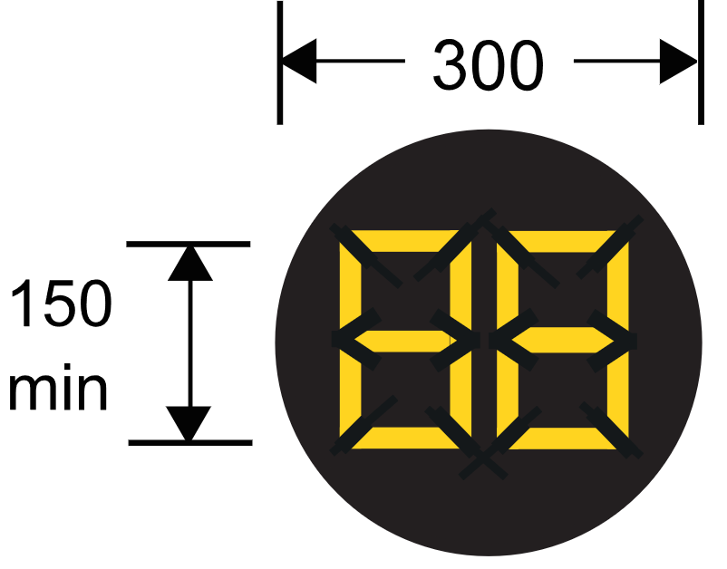 Black circle with orange numbers and dimensions 