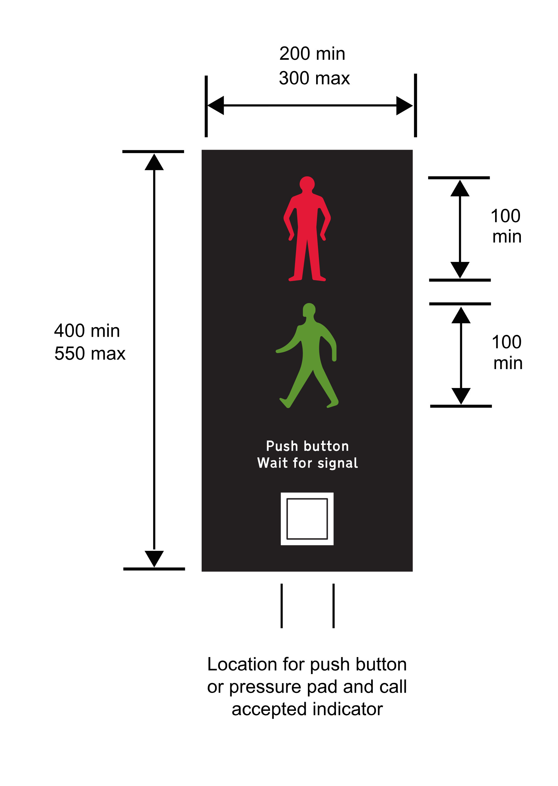 Diagram of red and green pedestrian crossing signal and dimensions