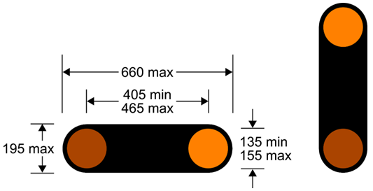 Diagram of horizontal and vertical orange light signal on black background with dimensions