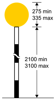 Diagram of orange circle on top of a black and white pole with dimensions