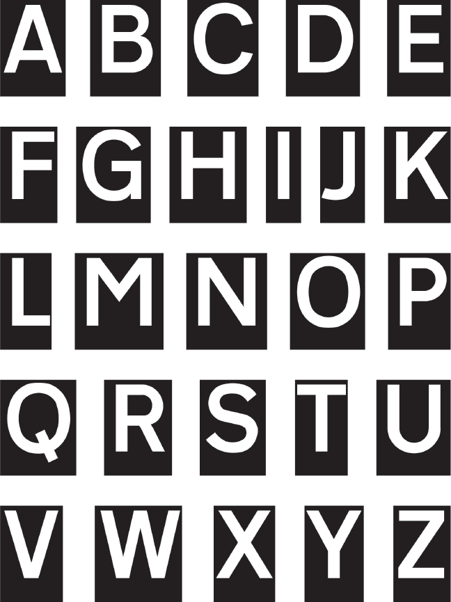 A screenshot of a black background with white uppercase letters from A to Z