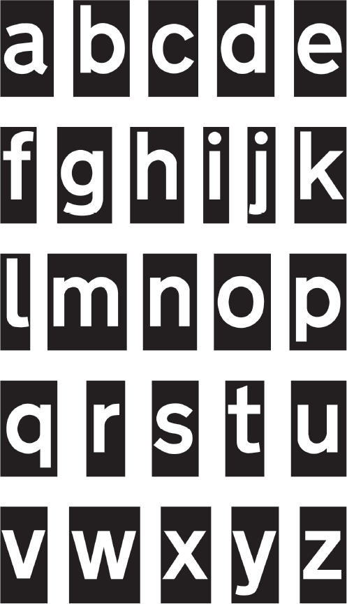 A screenshot of a black background with white lowercase letters from A to Z