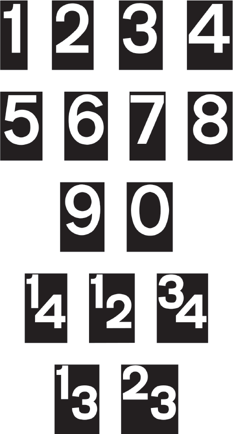 A screenshot of a black background with white numerals from 0 to 9 and quarter measurements